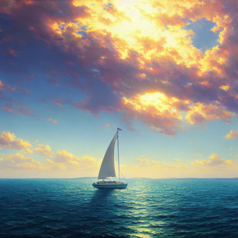Sailboat sailing on serene sea with golden-hued sunset sky