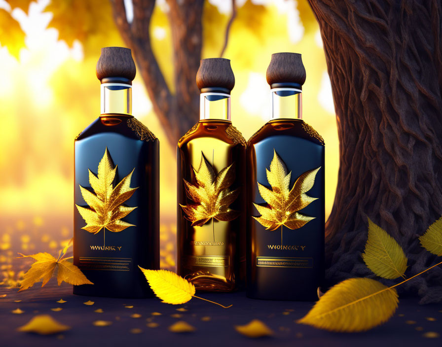 Three whiskey bottles with golden leaves on forest floor.