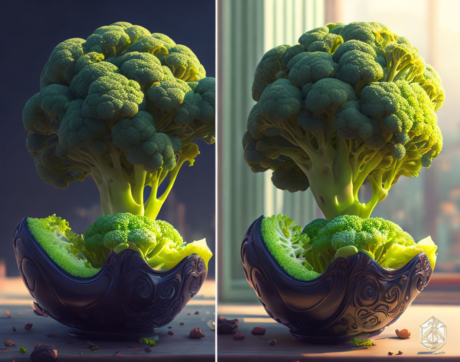 Artistic representation of broccoli tree in decorative bowl