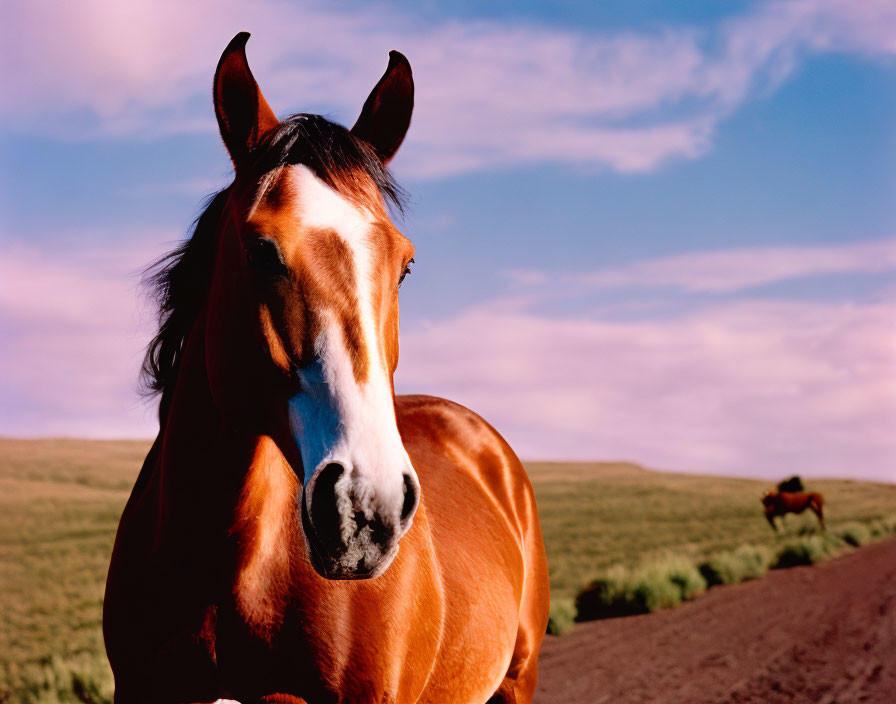 Brown horse with white blaze standing in field under blue sky