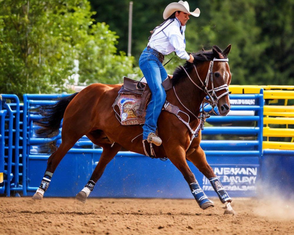 Rodeo participant in white hat and jeans rides galloping brown horse in dirt arena