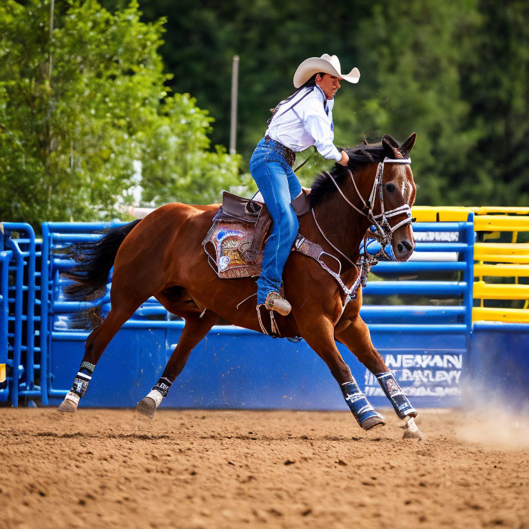 Rodeo participant in white hat and jeans rides galloping brown horse in dirt arena
