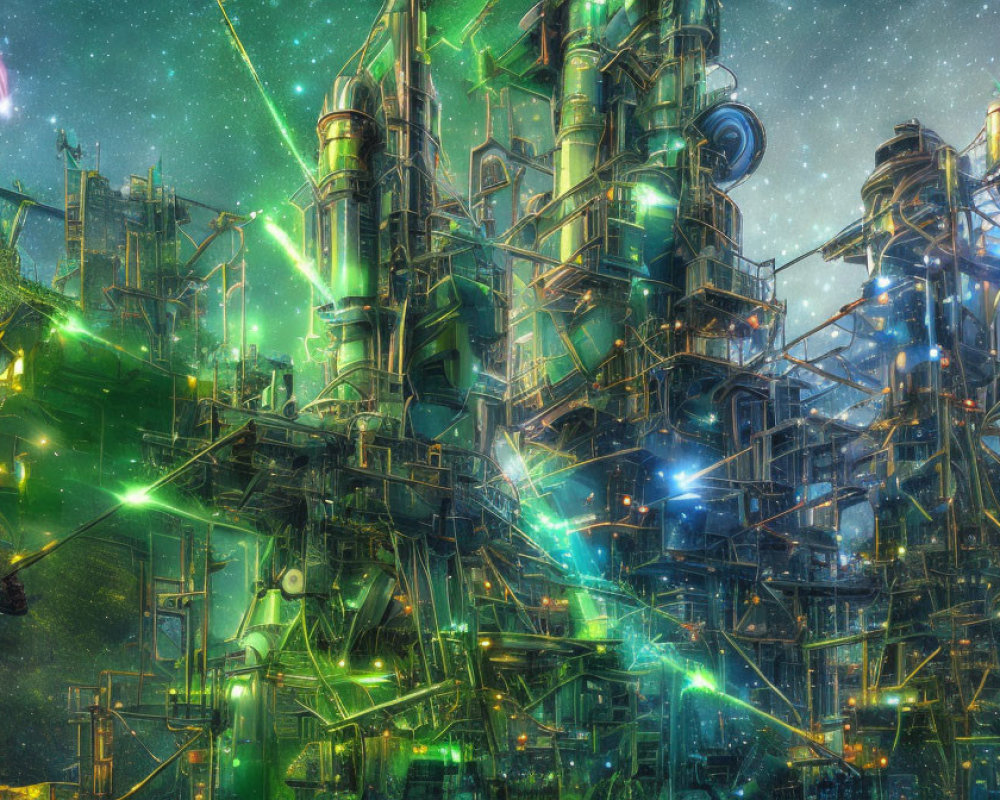 Futuristic sci-fi cityscape with towering structures and glowing lights