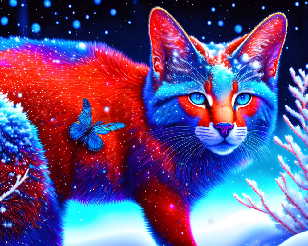 Colorful digital artwork featuring a red and blue cat with intense eyes in a snowy setting, with a