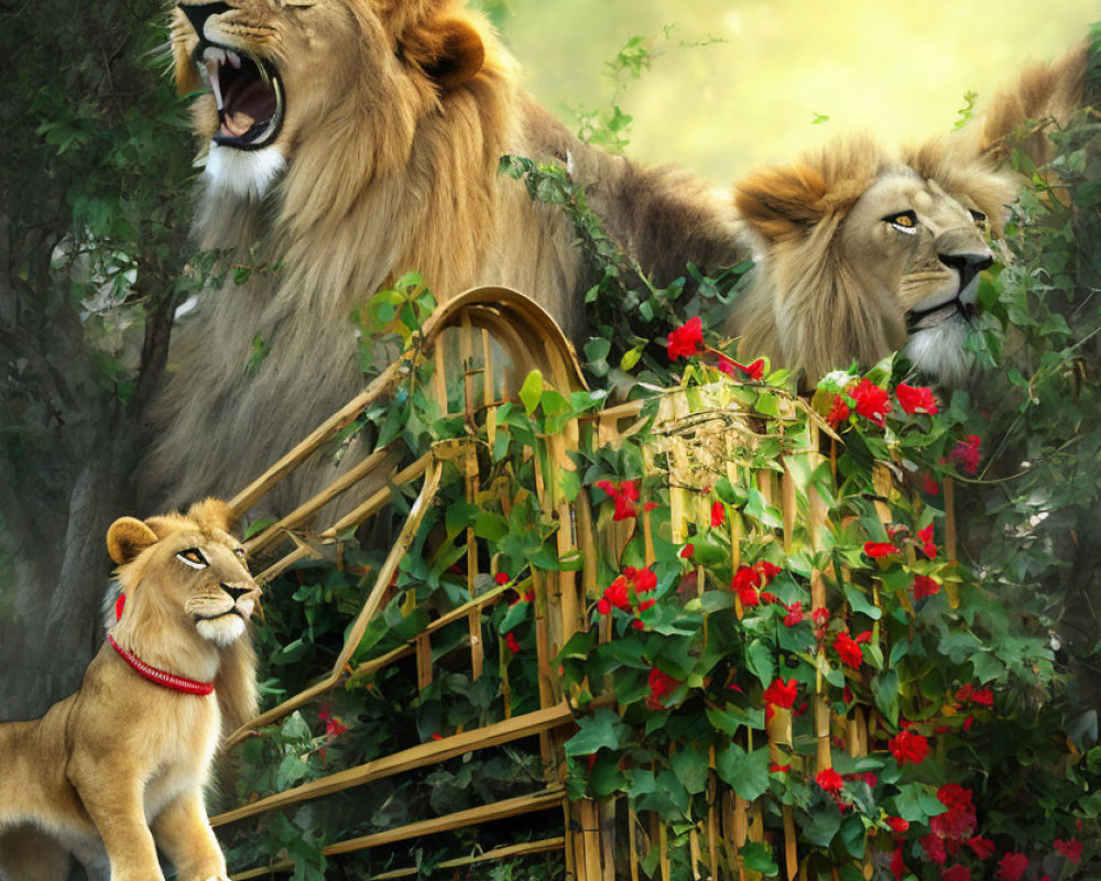 Three lions in different moods with lush backdrop and wooden structure
