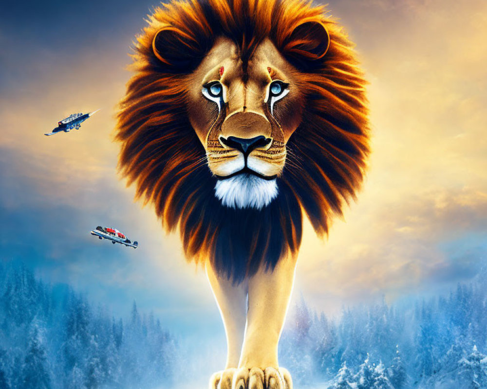 Majestic lion with voluminous mane in snowy landscape with spaceships