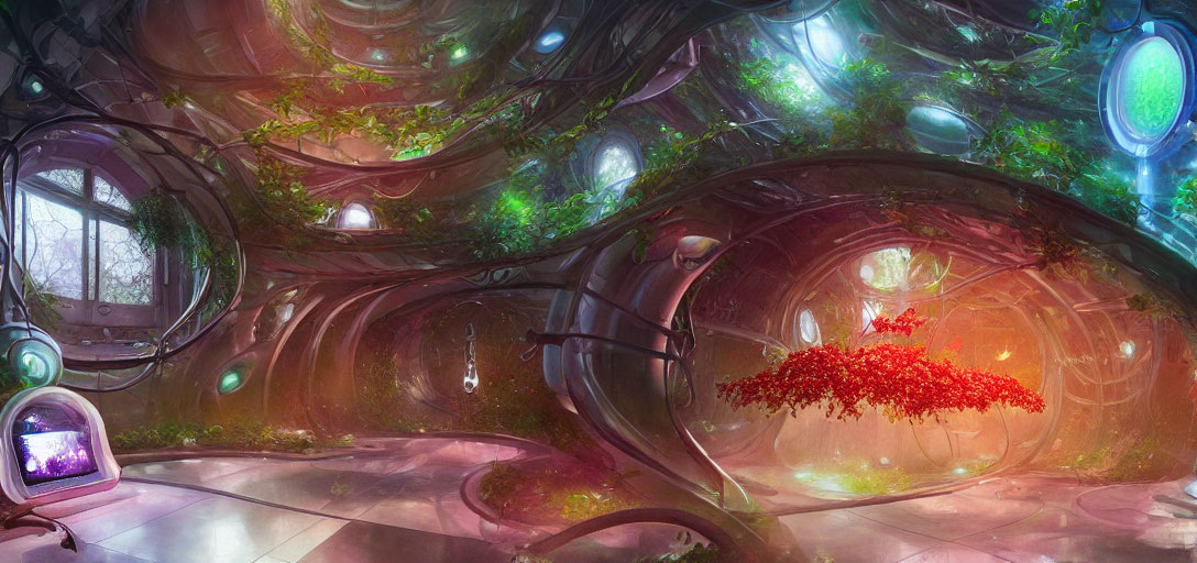 Fantastical organic interior with glowing orbs and crimson tree.
