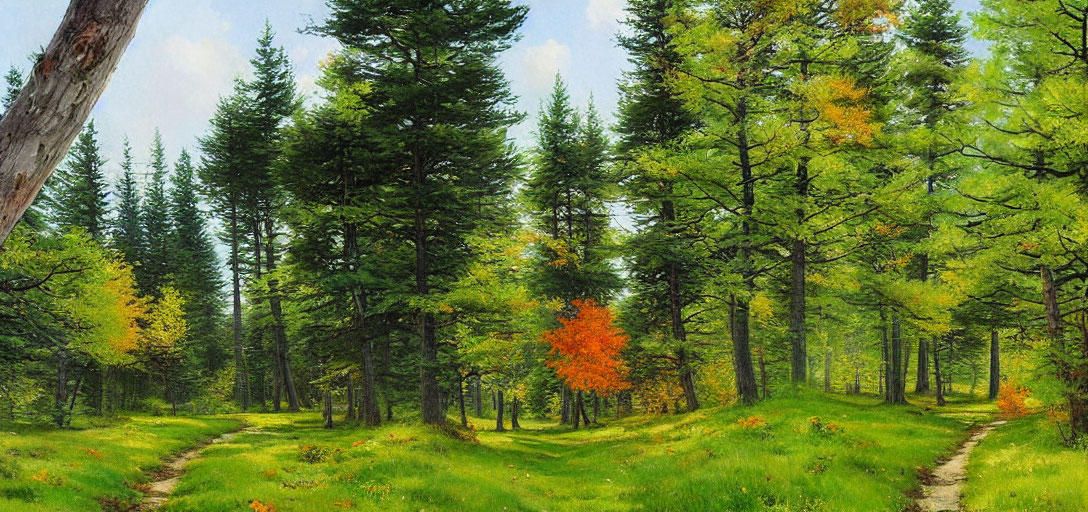Tranquil forest scene with mix of trees and autumn colors on clear trail