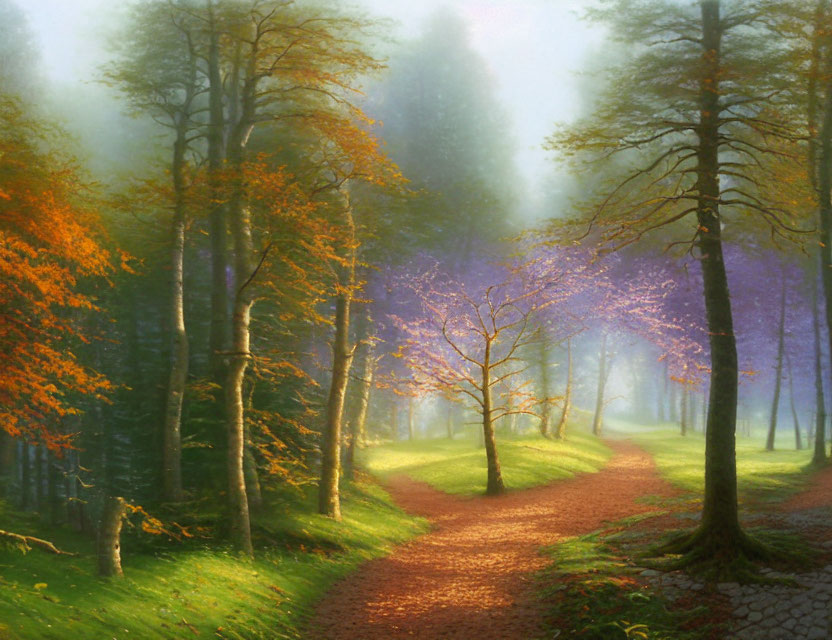 Tranquil forest path with sunbeams, green trees, and purple-leaved trail.