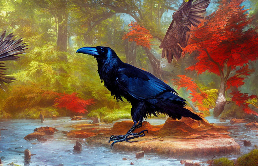 Colorful painting of raven in forest with river and flying bird