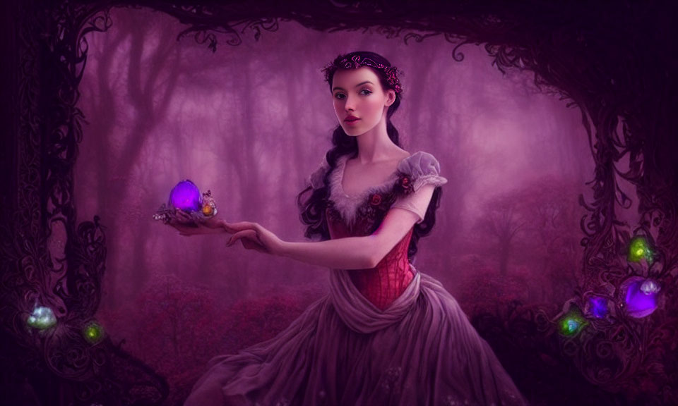 Illustrated female character in purple forest with glowing orb and jewel-like accents