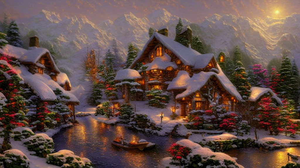 Snow-covered village with cottages, stream, and mountains under twilight sky