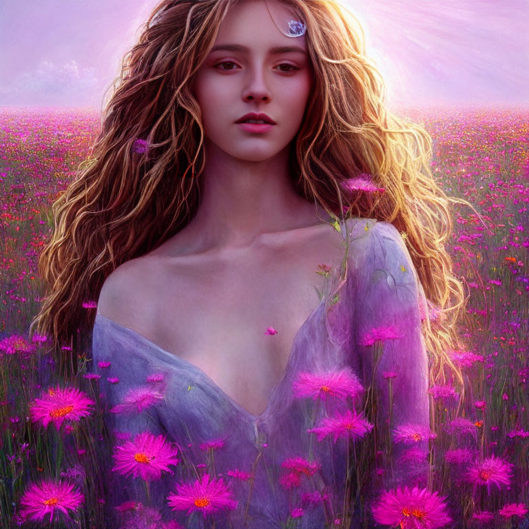 Fantasy portrait of woman in floral blouse in purple flower field