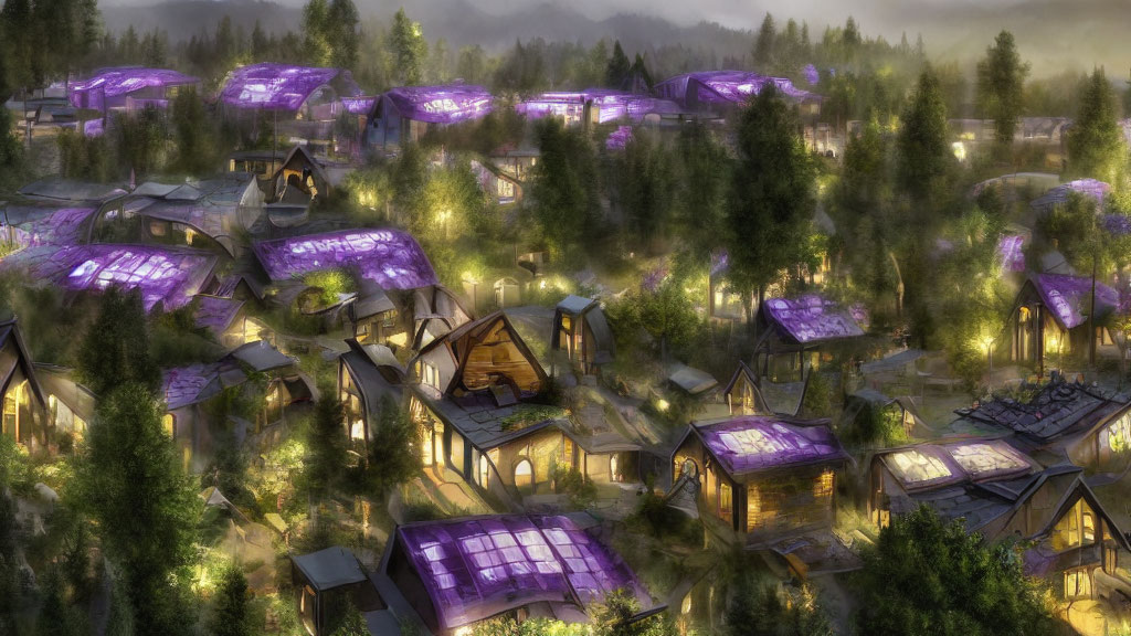 Futuristic village with glowing purple roofs in forest setting