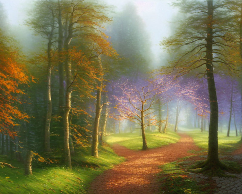 Tranquil forest path with sunbeams, green trees, and purple-leaved trail.