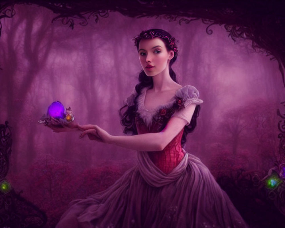 Illustrated female character in purple forest with glowing orb and jewel-like accents