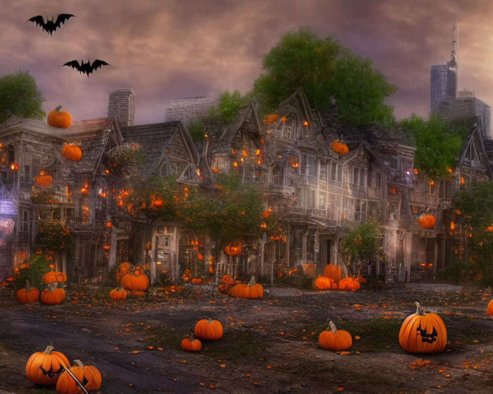 Dark Halloween street with carved pumpkins, bats, old houses, full moon