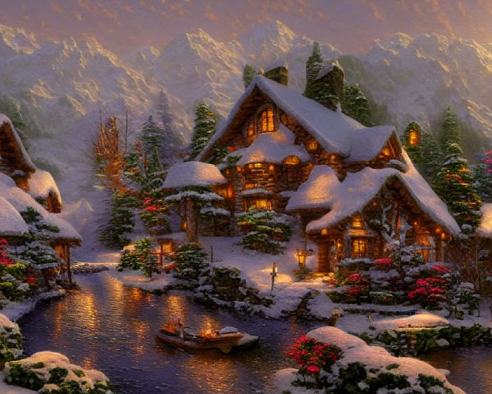 Snow-covered village with cottages, stream, and mountains under twilight sky
