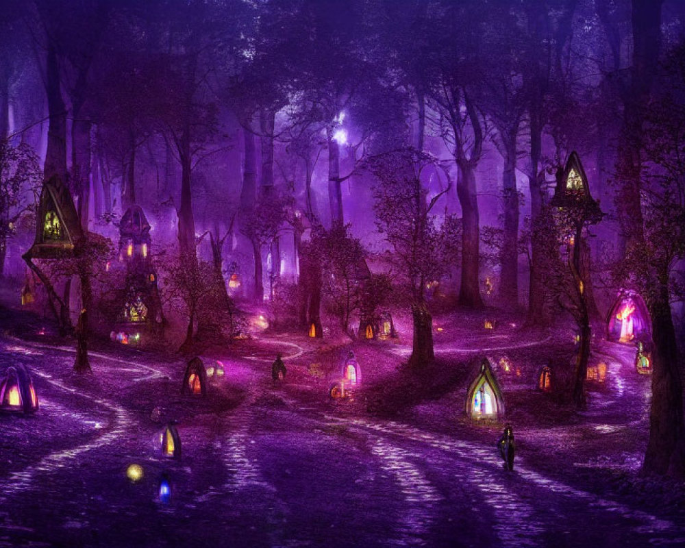 Enchanting mystical forest with colorful lantern lights and purple haze