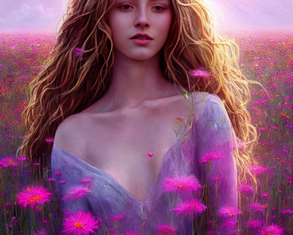 Fantasy portrait of woman in floral blouse in purple flower field