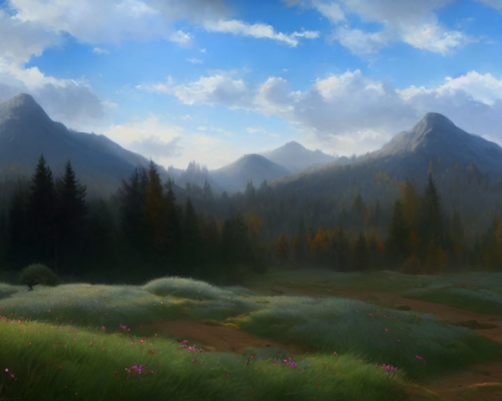 Tranquil landscape with misty mountains, forest, meadow, and blooming flowers