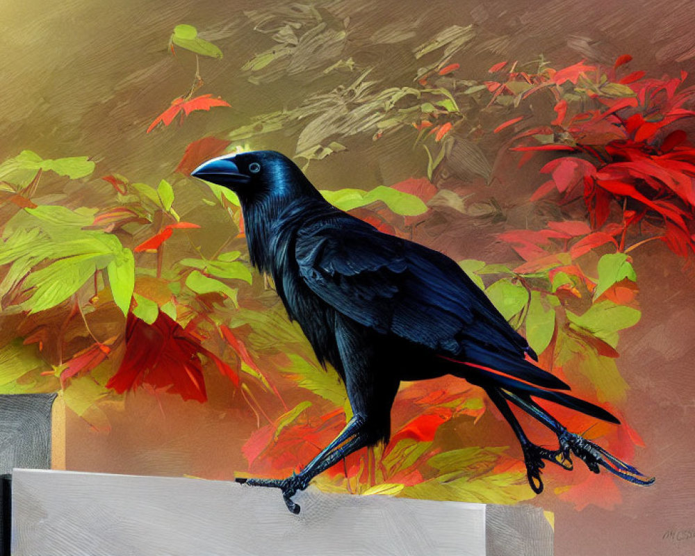 Black crow on gray ledge with autumn leaves background