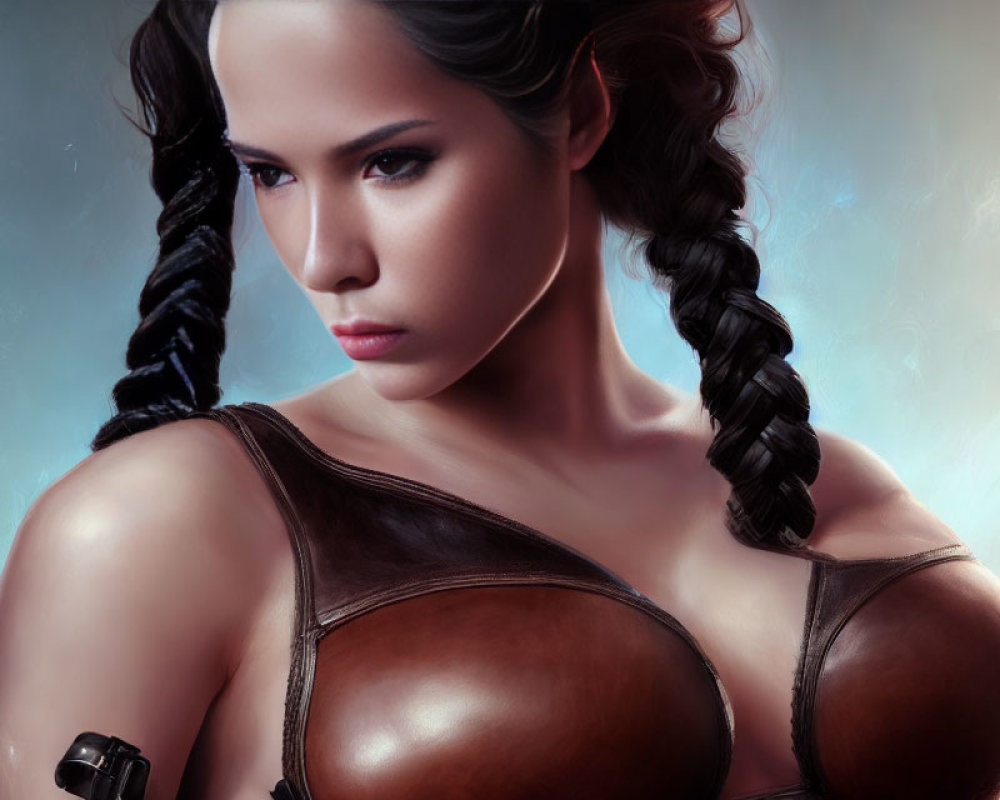 Close-Up Portrait of Woman with Braided Pigtails in Brown Leather Armor