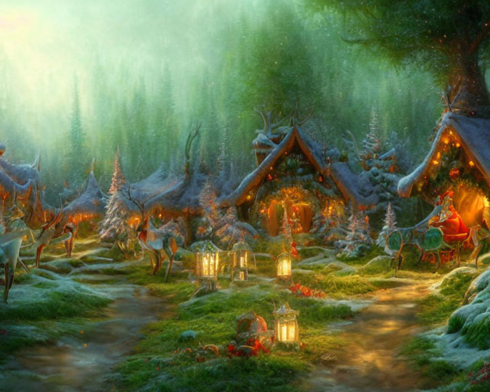 Snow-covered cottages and reindeer in a magical winter village scene