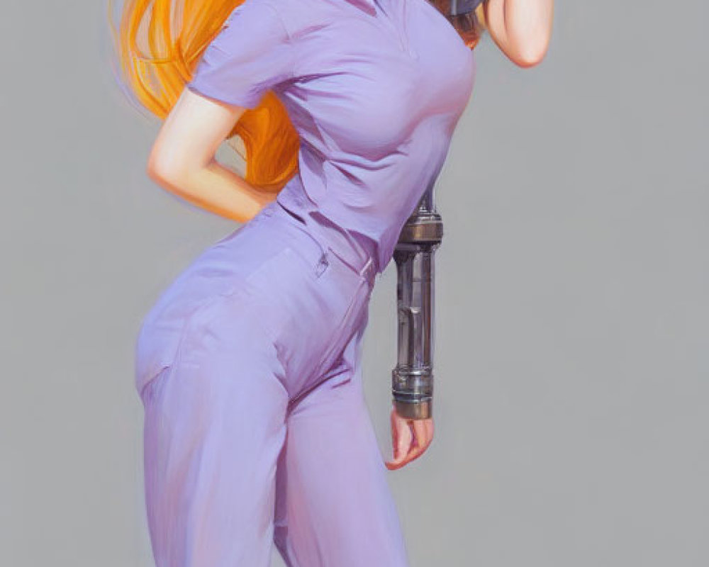 Illustration of woman with orange hair in purple jumpsuit and robotic limbs.