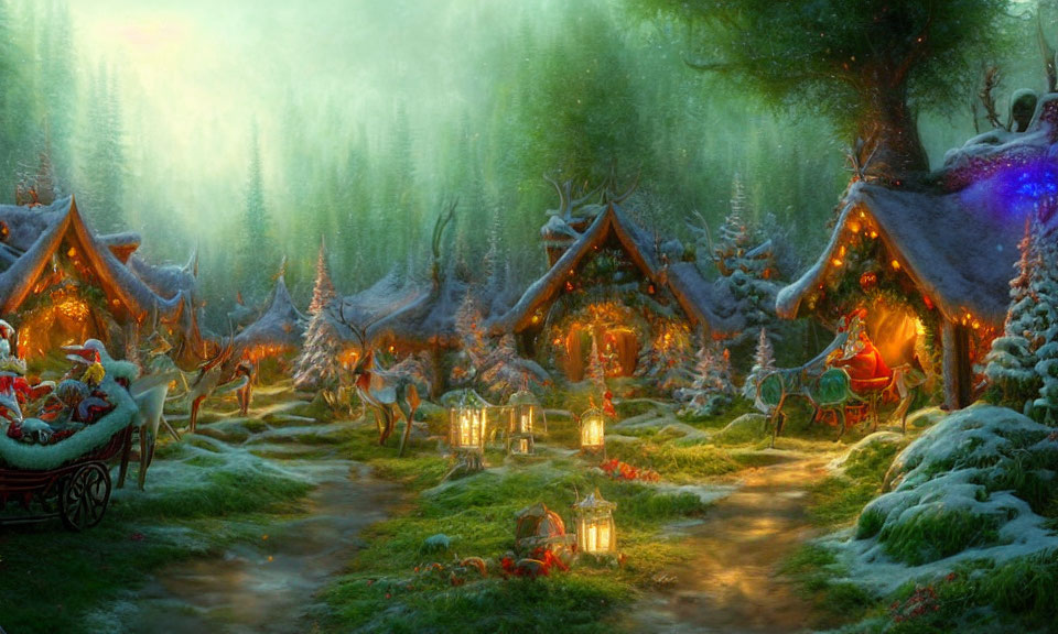 Snow-covered cottages and reindeer in a magical winter village scene