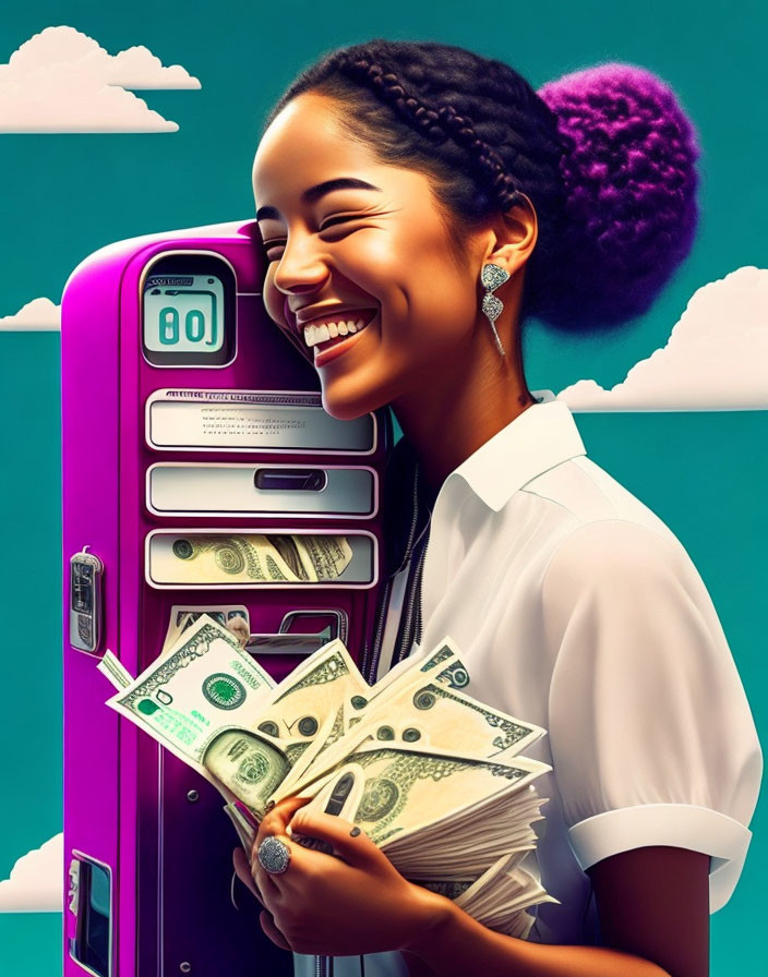 Bun hairstyle woman with money at pink payphone