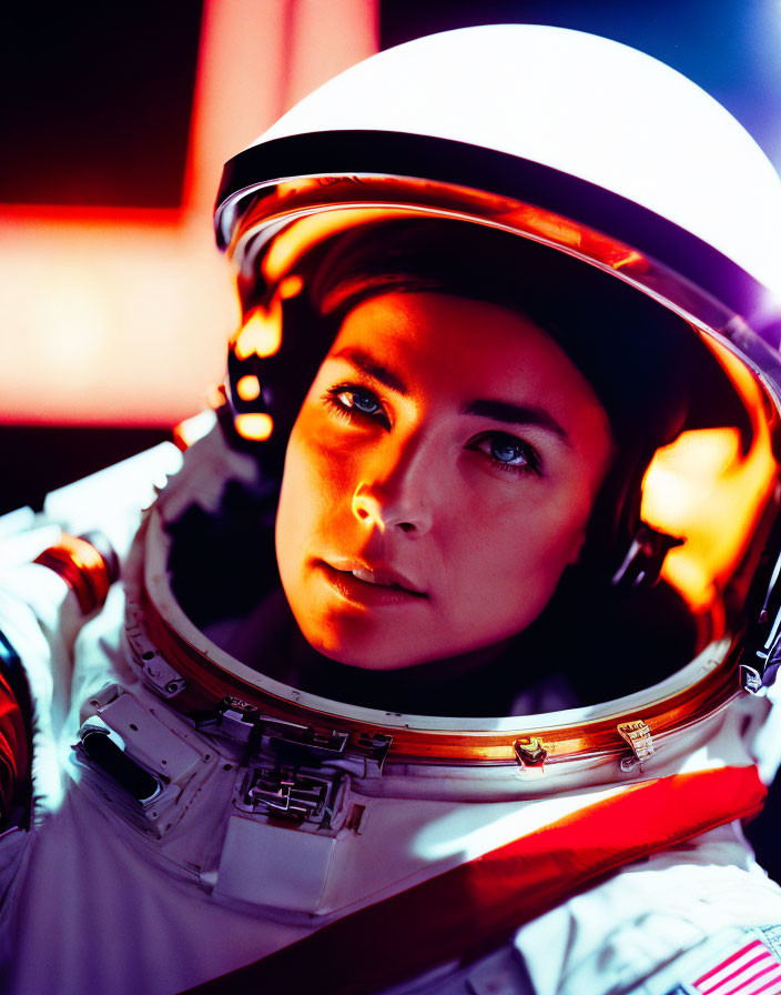 Female astronaut in helmet under warm and cool lights for space mission.