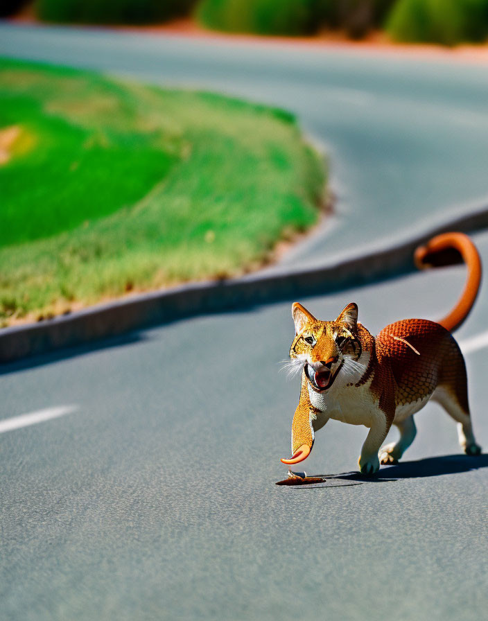 Cat carrying small reptile on curvy road with green grass
