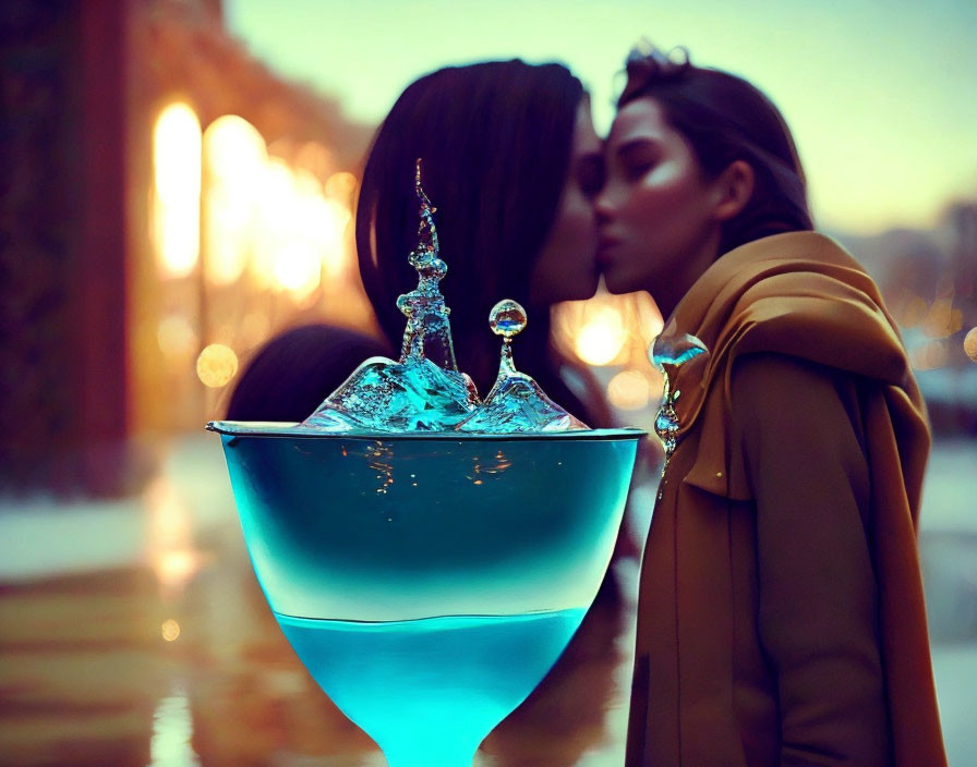 Vibrant blue cocktail close-up with kissing couple in background