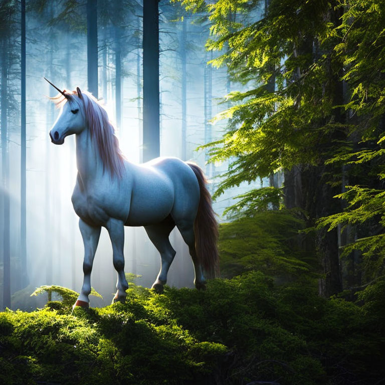 Majestic unicorn in sunlit forest with light beams through trees