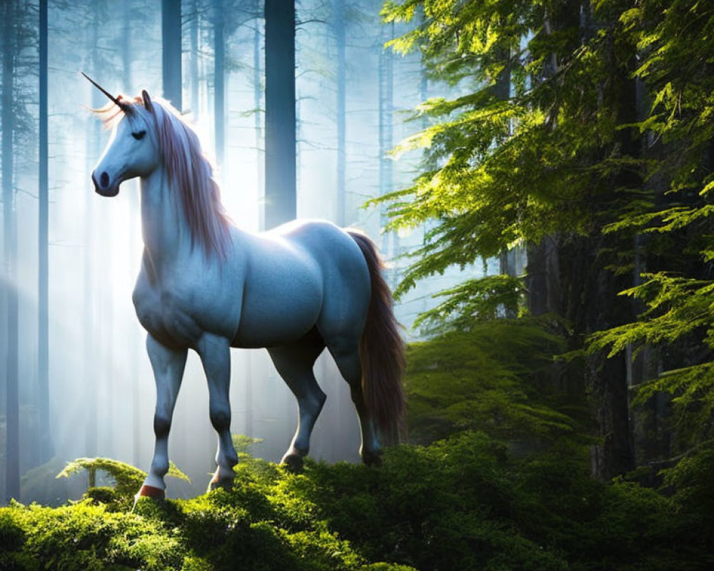 Majestic unicorn in sunlit forest with light beams through trees