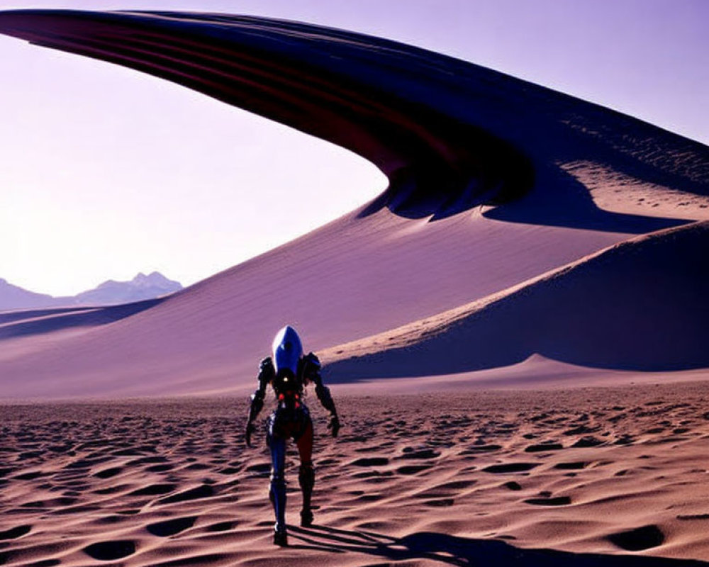 Astronaut walking on sandy desert with large dunes under purple sky