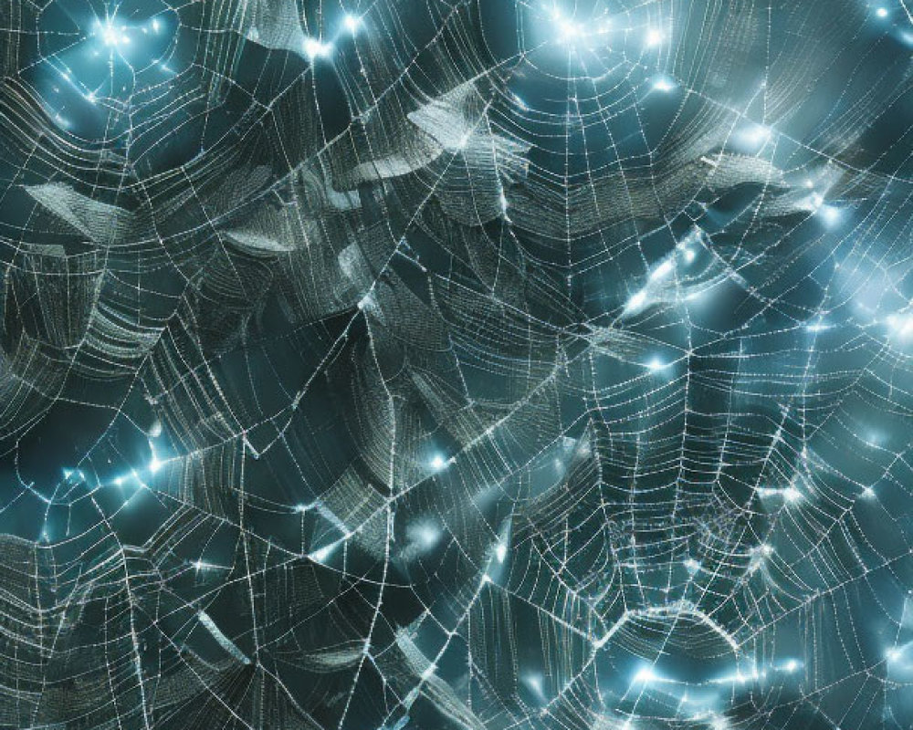 Intricate Spiderwebs Illuminated in Soft Blue Light