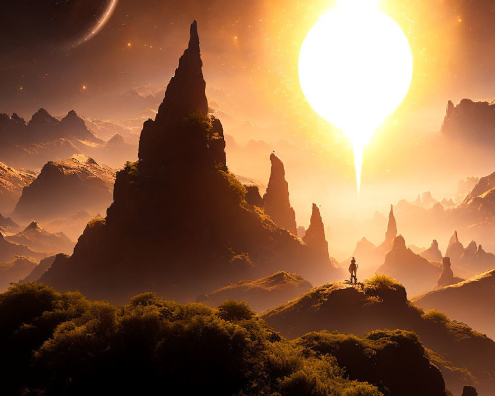 Figure on lush alien landscape with jagged mountains and dual sky.