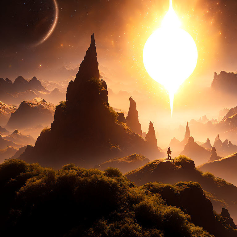 Figure on lush alien landscape with jagged mountains and dual sky.
