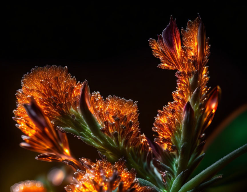 Vibrant orange flowers with dewdrops on dark background