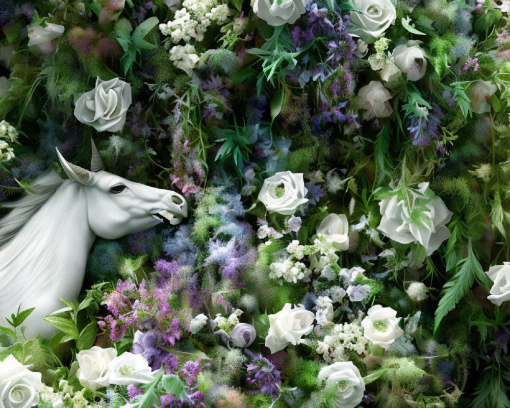 Mythical white unicorn surrounded by lush flowers and green foliage
