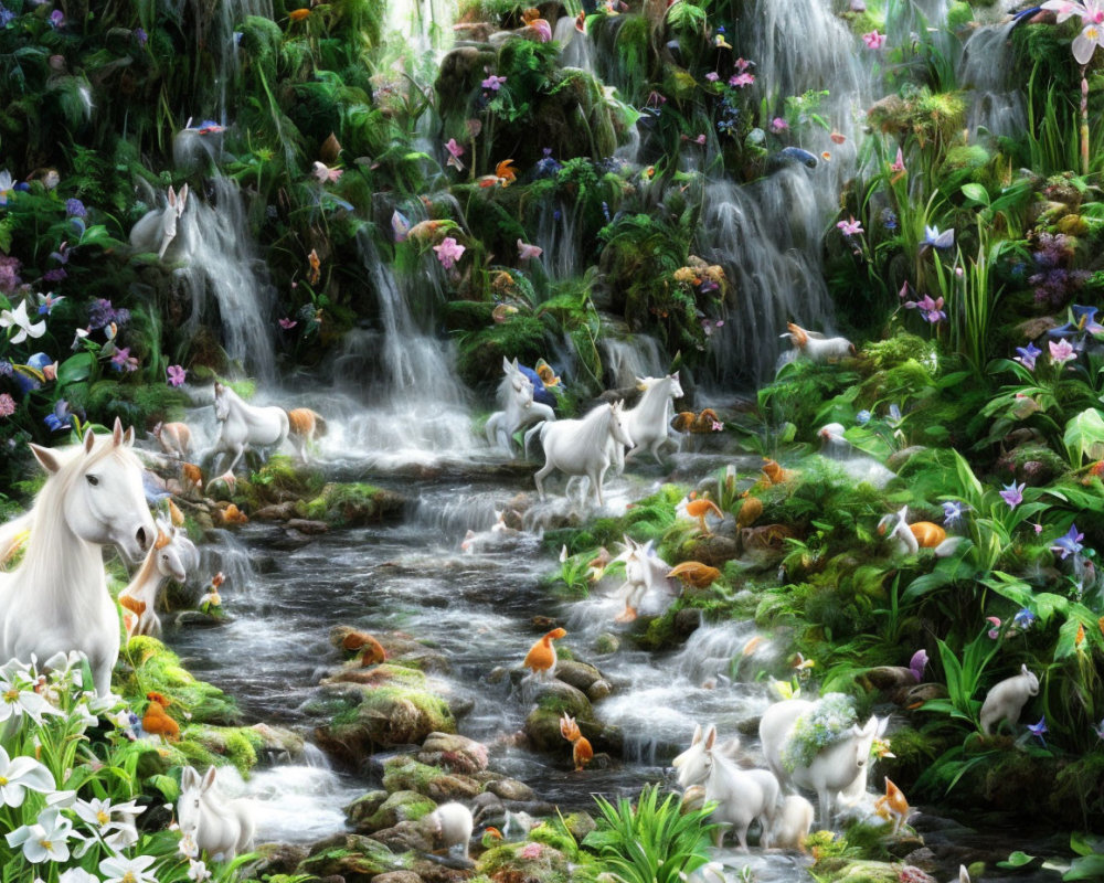 Enchanted forest with unicorns, rabbits, waterfall, and flowers