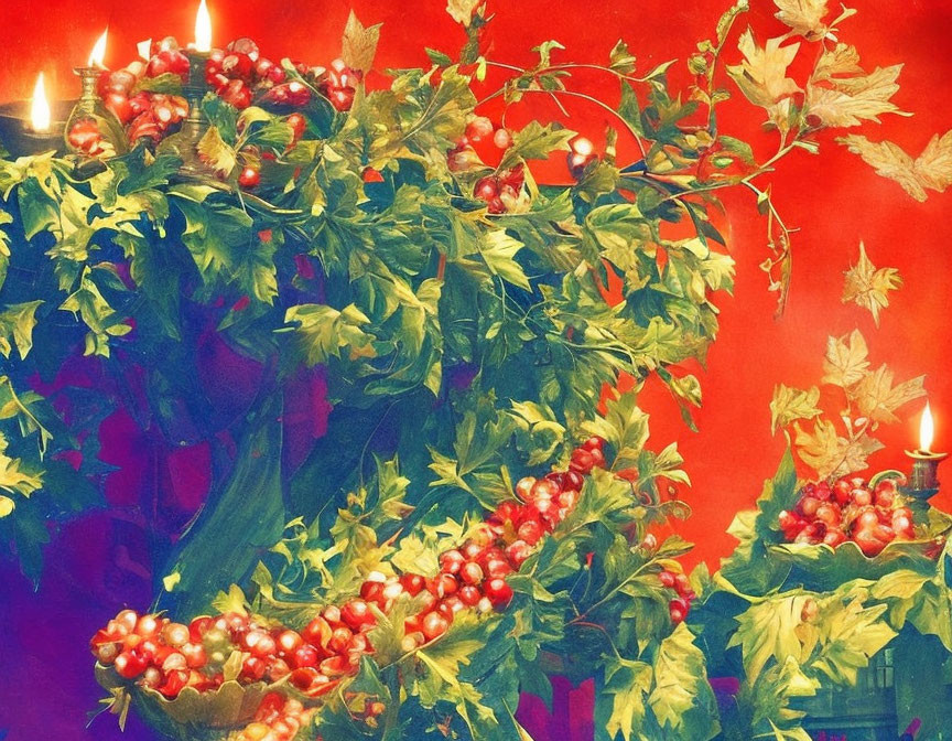 Festive holly leaves, red berries, and candles on red background