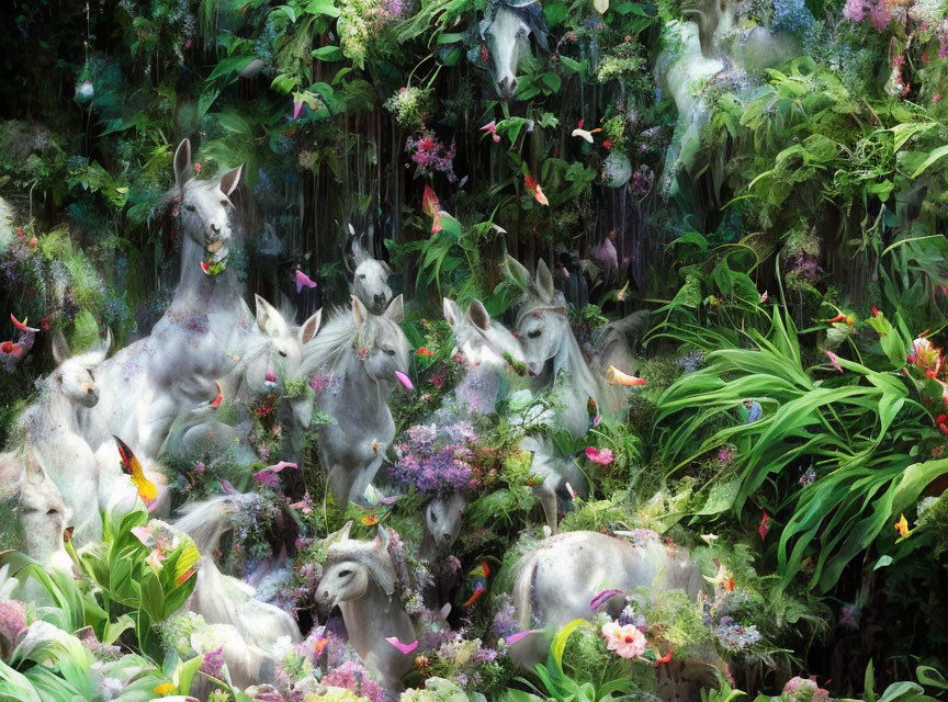 Ghostly White Horses in Mystical Flora with Ethereal Mist