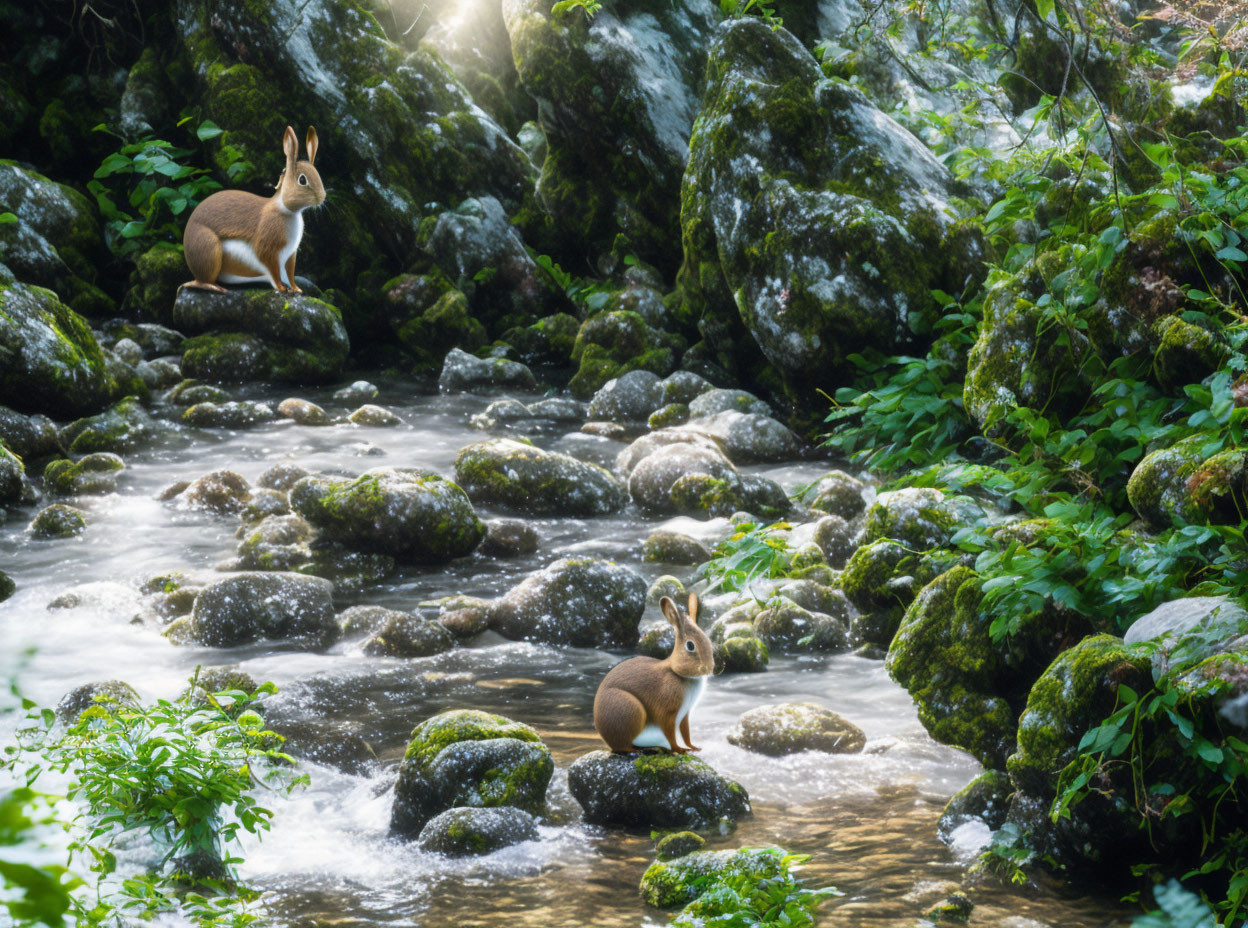 Rabbits on rocks near forest stream in sunlight.