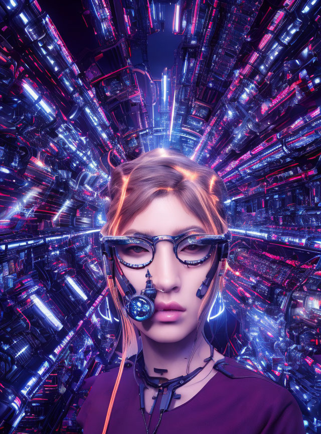 Futuristic portrait with stylish glasses and cyber headset on neon-lit backdrop