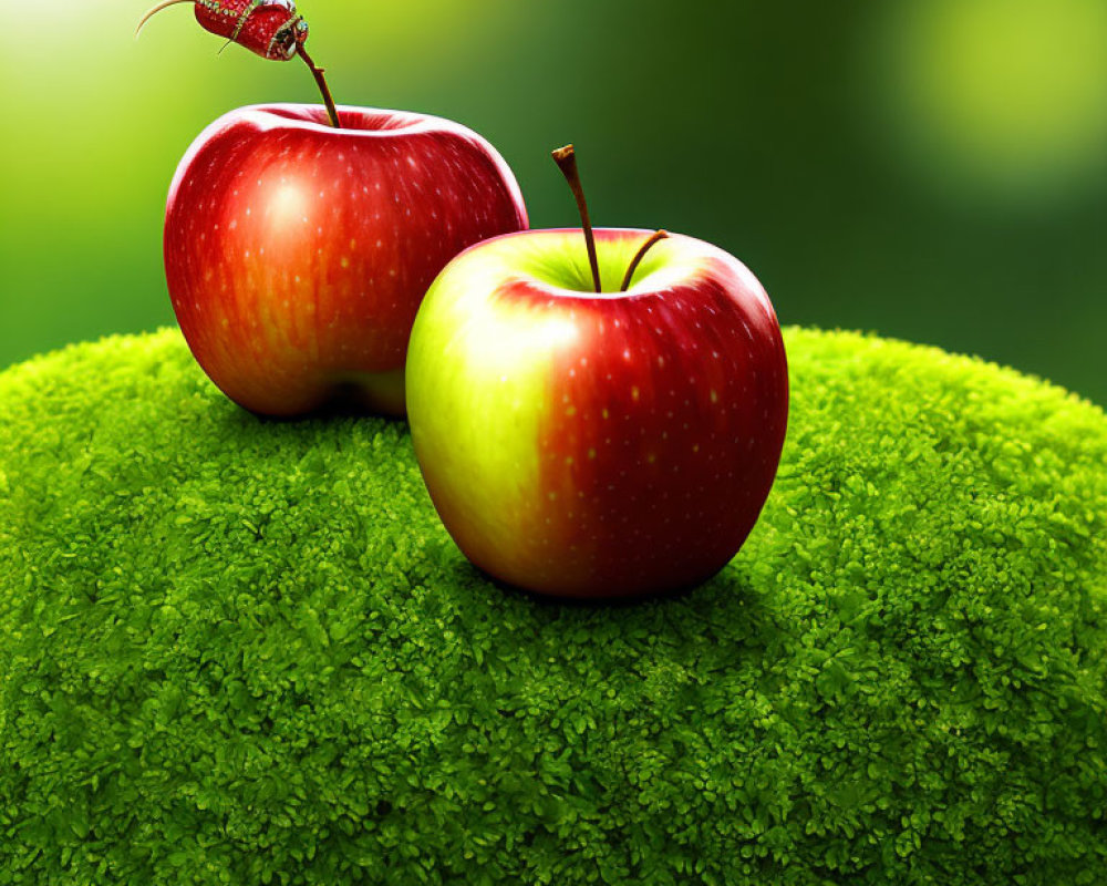 Red apples and ladybug on mossy surface with green background