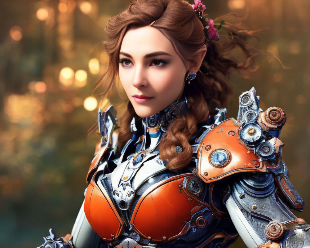 Portrait of Woman in Medieval-Futuristic Armor with Nature Background