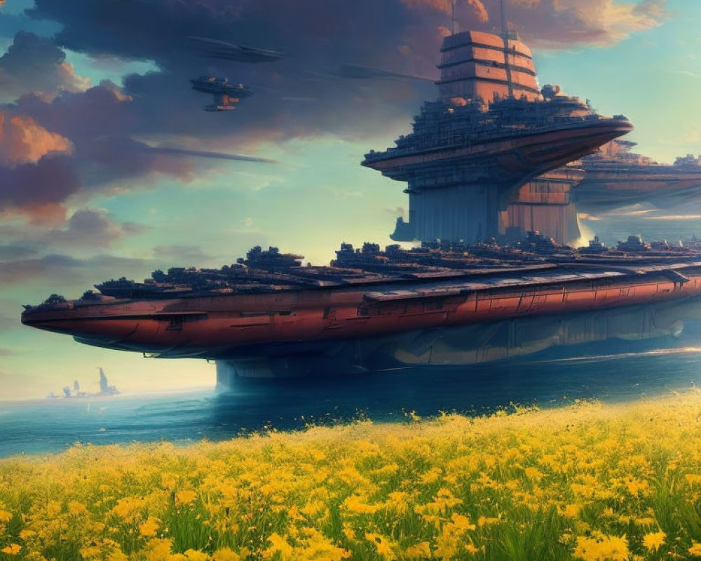 Futuristic airship above yellow flower field with smaller crafts in serene sky